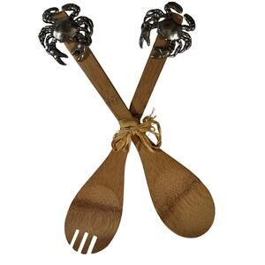 Vintage Set Of Wooden Salad Servers featuring decorative metal crab handles.
